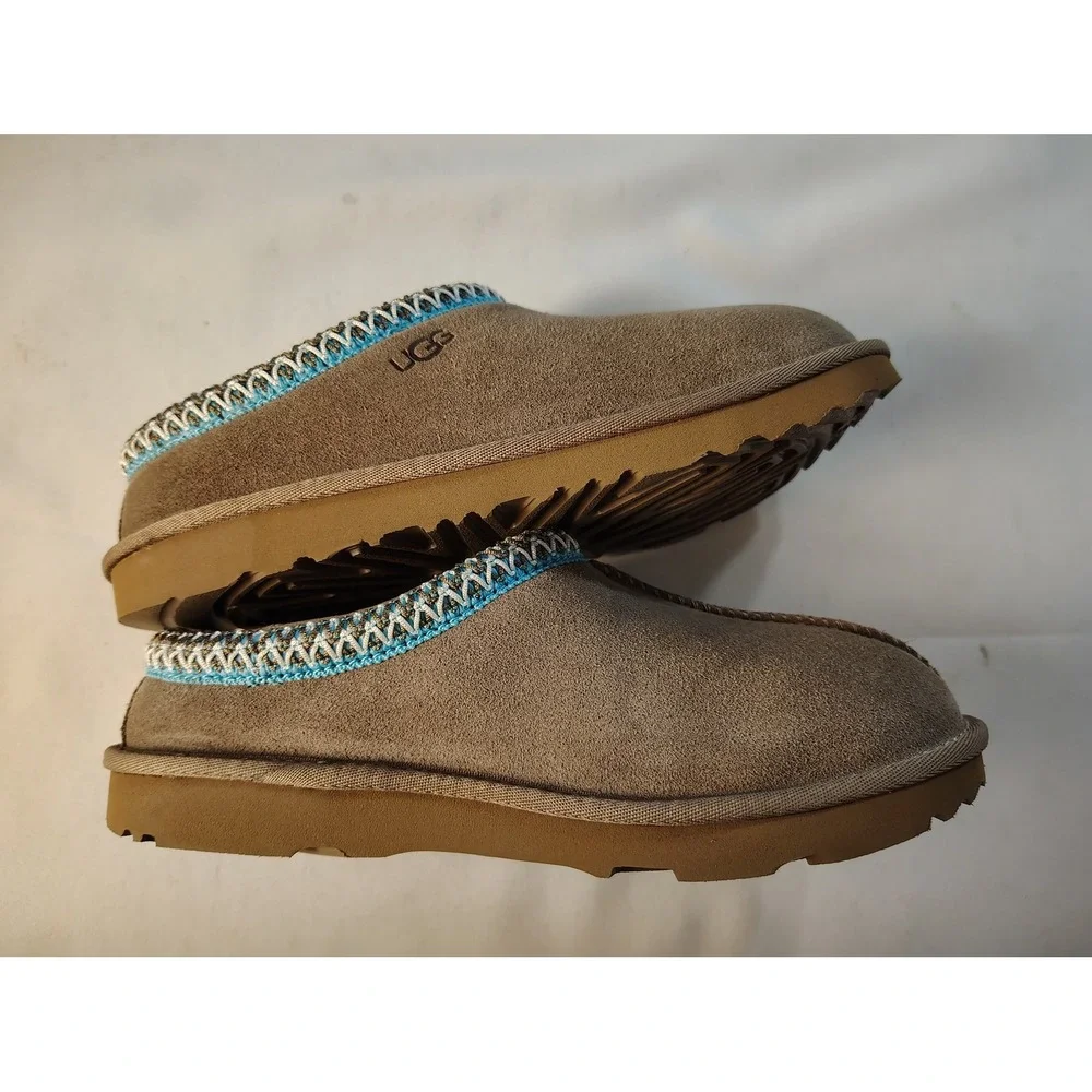 UGG Kids Tasman Chestnut Suede Slip On Slippers Blue Braid Embroidery Shoes 5